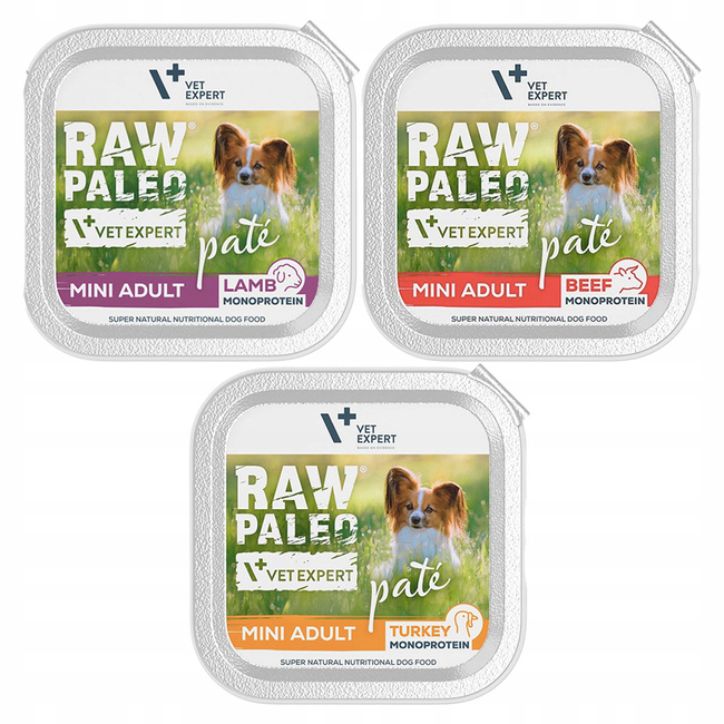 RAW PALEO PATE Mini Adult Mix Smaków karma dla psa mokra 3 x 150g bez zbóż