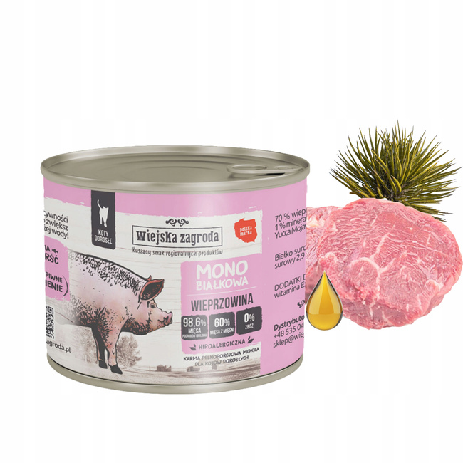 WIEJSKA ZAGRODA MONO Karma mokra dla kota Wieprzowina 12x200g