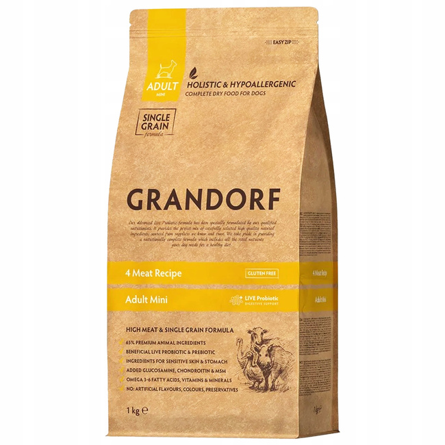 GRANDORF DOG MINI ADULT karma sucha dla psa 4 meat Recipe 1 kg