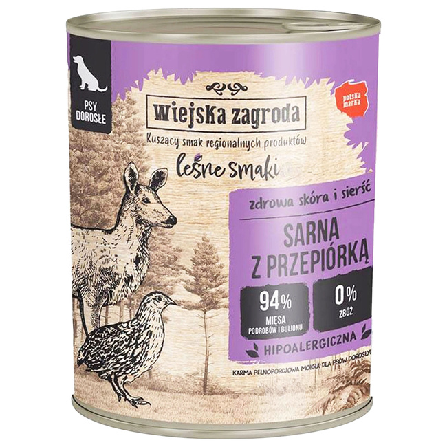 WIEJSKA ZAGRODA Leśne smaki Karma mokra dla psa Sarna Przepiórka 800g Bezzbożowa