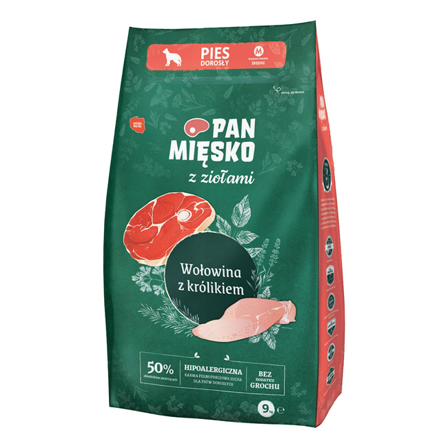 Pan Mięsko karma dla psa sucha z ziołami 9 kg Wołowina Królik M