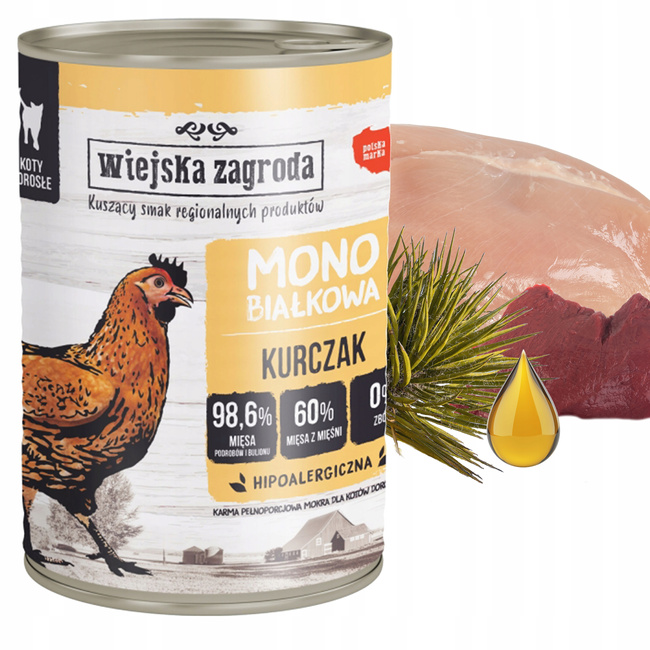 WIEJSKA ZAGRODA MONO Karma mokra dla kota Kurczak 12 x 400g Bezzbożowa