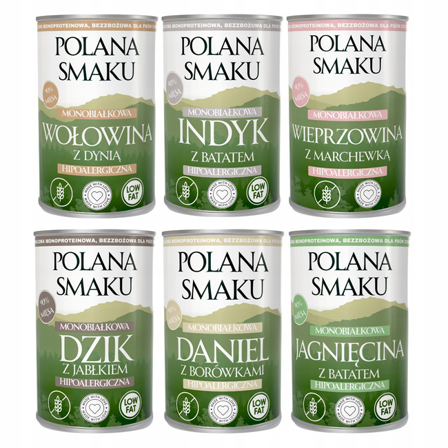 Mokra karma monobiałkowa dla psa Polana Smaku 6 x 400g mix smaków