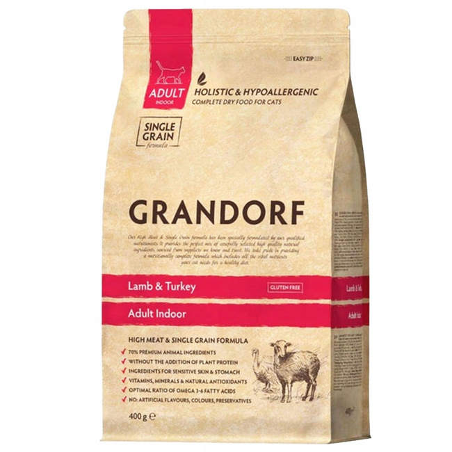 GRANDORF INDOOR Adult Karma sucha dla kota Jagnięcina Indyk 400g