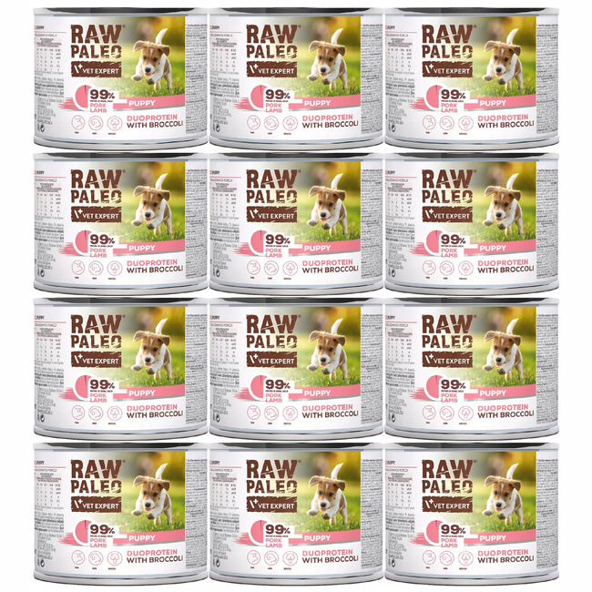 RAW PALEO PUPPY Duoprotein Wieprzowina Jagnięcina karma psa mokra 12 x 200g