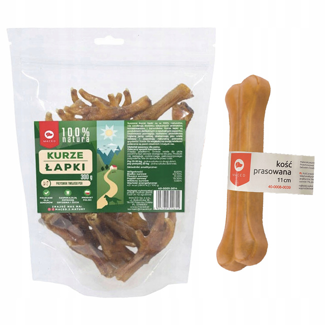 MACED Zestaw przysmaków dla psa Kurze Łapki 300g + Kość prasowana 11cm