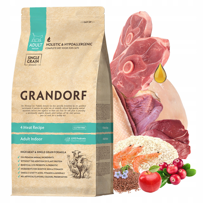 GRANDORF INDOOR RECIPE Adult Karma sucha dla kota 4 meat 2 kg Bezzbożowa