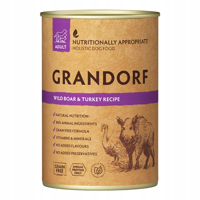GRANDORF DOG karma mokra dla psa Dziczyzna Indyk 12 x 400g Bezzbożowa