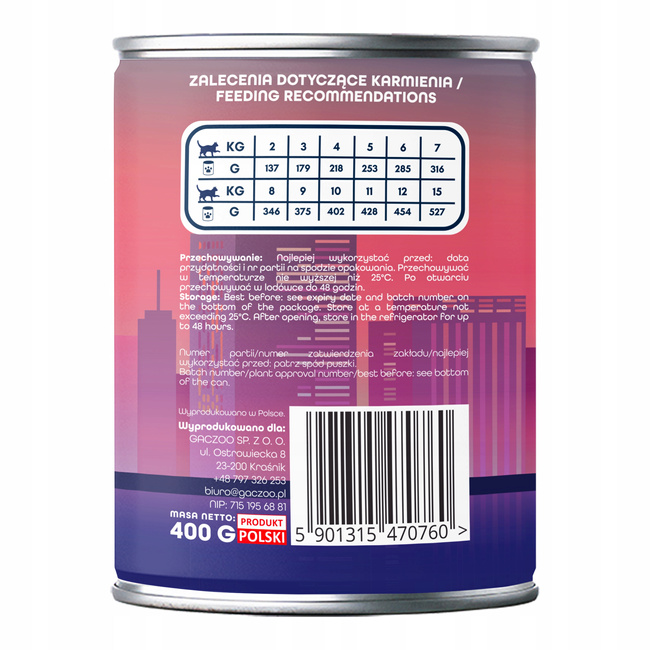 Gaczoo Miejska Miska bez zbóż karma mokra kota Kaczka Pieczona 24 x 400g