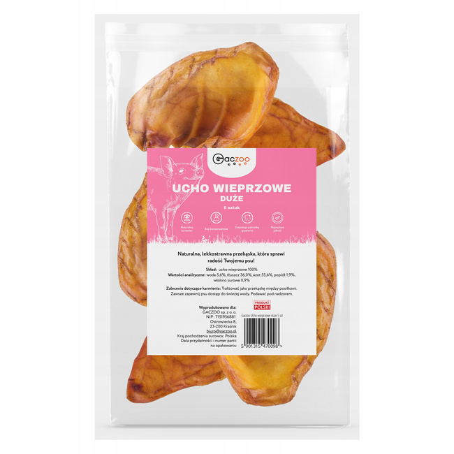 GACZOO 100% Naturalny przysmak dla psa Ucho Wieprzowe Duże XL 5 sztuk smakołyk