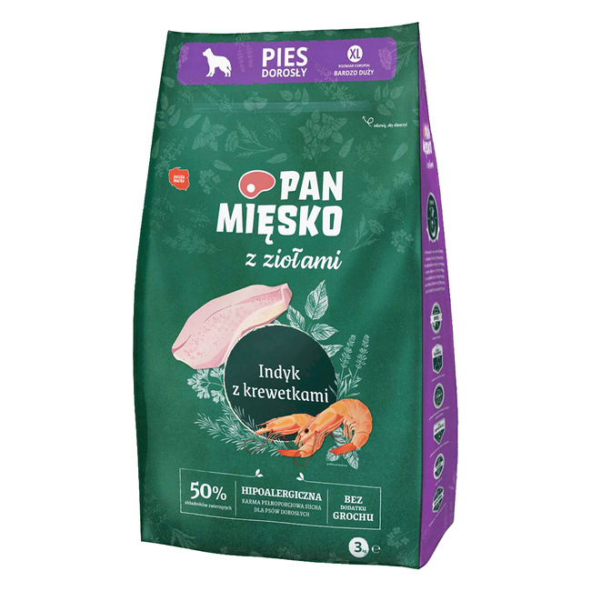 Pan Mięsko z Ziołami Sucha Karma dla psa Indyk Krewetki Chrupki XL 3kg