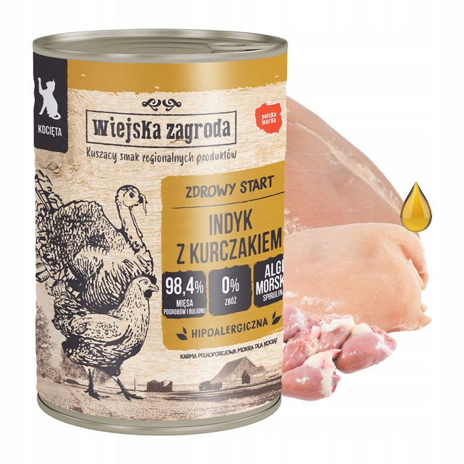 WIEJSKA ZAGRODA Karma mokra dla Kociąt Indyk Kurczak 6 x 400g Bezzbożowa