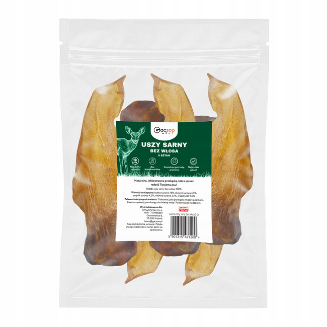 Przysmak dla psa Ucho Sarny bez włosa 5 szt GACZOO naturalny gryzak