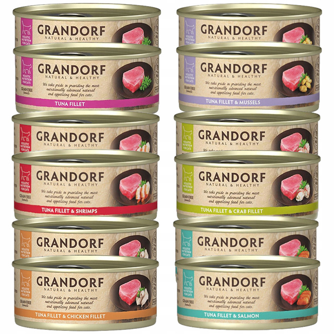 GRANDORF zdrowa karma mokra dla kota mix smaków Tuńczyk 12 x 70g Bezzbożowa