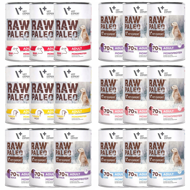 Raw Paleo Adult Karma mokra dla psa MONO mix smaków 18 x 400g Bezzbożowa