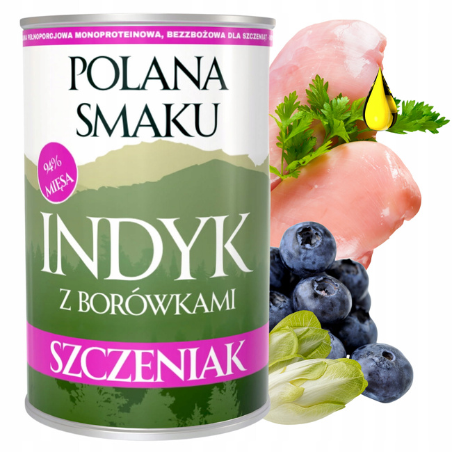 Mokra karma monobiałkowa dla szczeniąt Polana Smaku Indyk borówka 400g