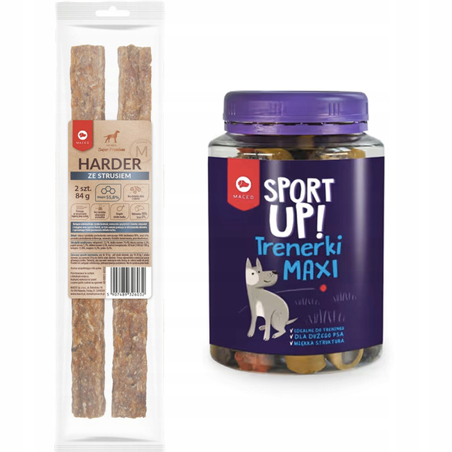 MACED Zestaw przysmaków dla psa Harder Struś 100g + Treserki MAXI 300g