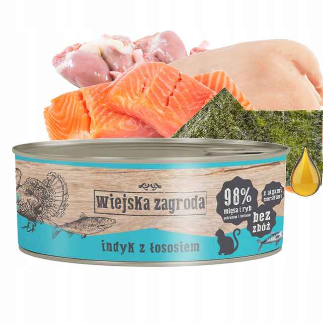 WIEJSKA ZAGRODA Karma mokra dla kota Indyk Łosoś 12 x 85g Bezzbożowa
