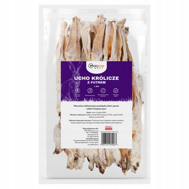 GACZOO 100% Naturalny przysmak dla psa Ucho Królicze z futrem 1 kg gryzak