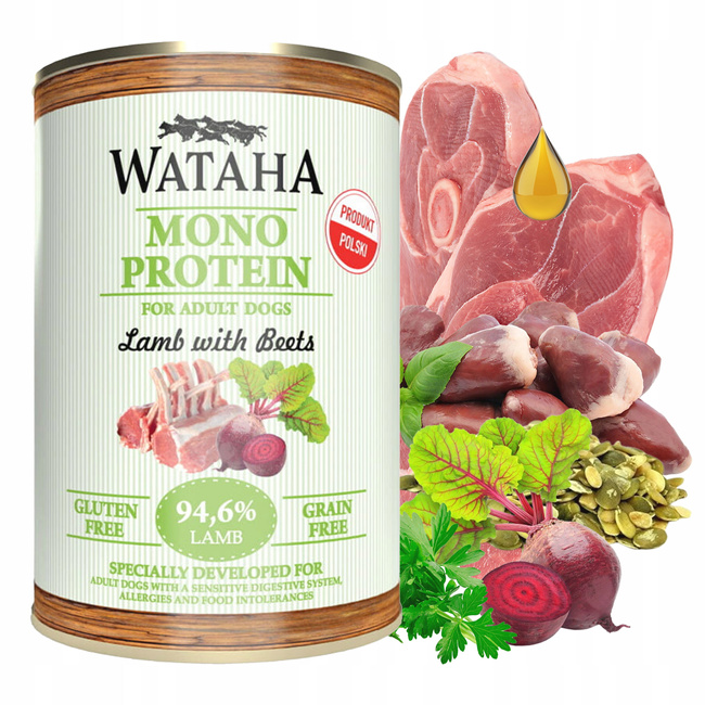 WATAHA Mono Protein Adult karma mokra dla psa Jagnięcina Buraki 12 x 400g