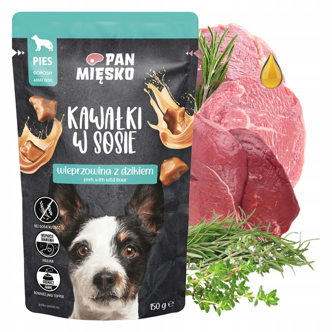 PAN MIĘSKO Karma dla psa Kawałki w sosie  Wieprzowina Dzik mokra 150g zdrowa