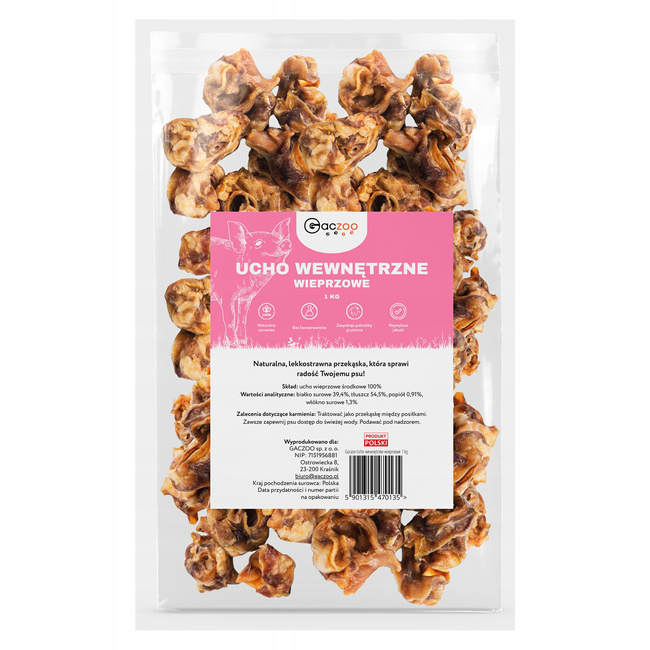 GACZOO Naturalny przysmak dla psa Ucho Wewnętrzne Środkowe Wieprzowe 1 kg