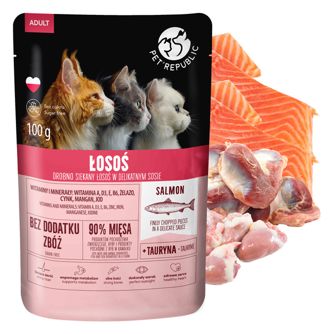 PET REPUBLIC Fileciki karma mokra dla kota Łosoś 24 x 100g Bezzbożowa