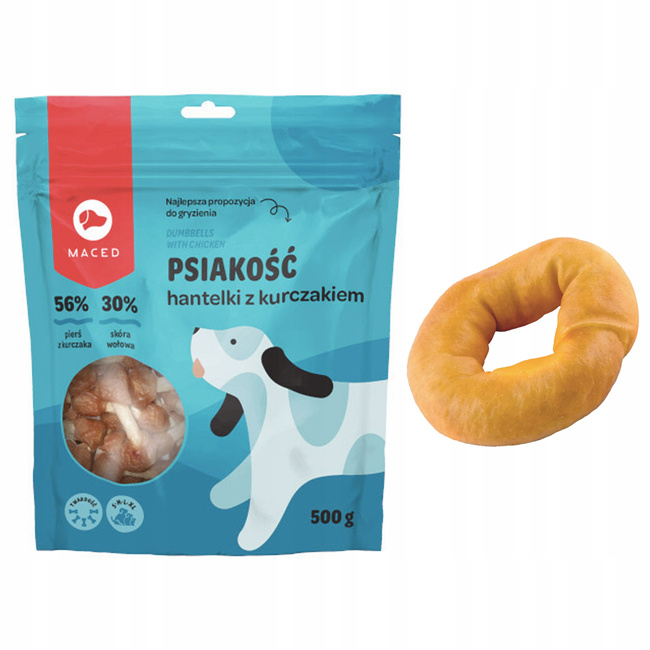 MACED Zestaw przysmaków dla psa Hantelki kurczak 500g + Ring ze skóry dla psa