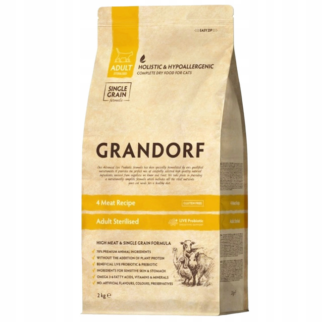 GRANDORF STERILISED Adult Karma sucha dla kota 4 meat 2 kg Bezzbożowa