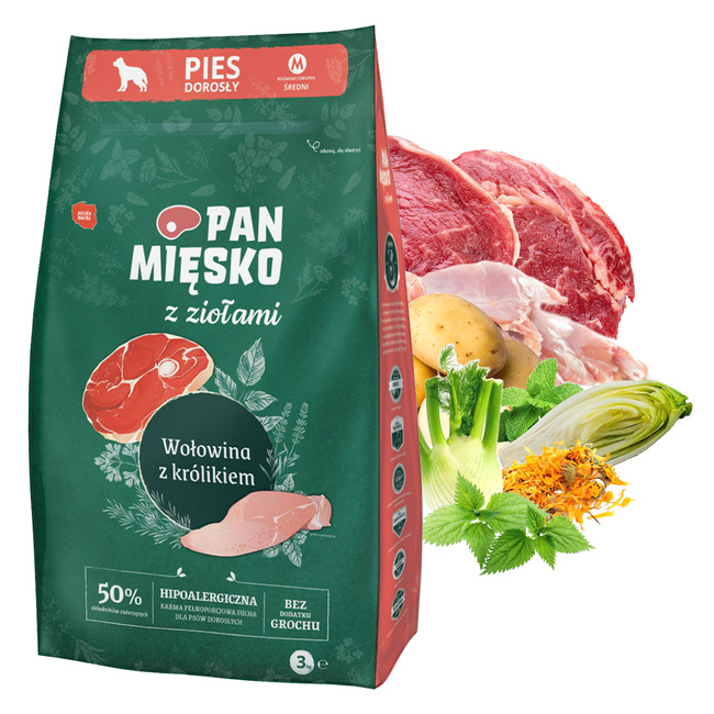 Pan Mięsko karma dla psa sucha z ziołami 3 kg Wołowina Królik M