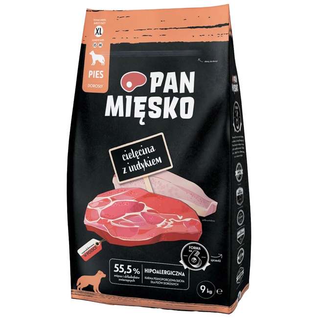 PAN MIĘSKO Karma sucha psa Cielęcina Indyk CHRUPKI XL 9 kg hipoalergiczna