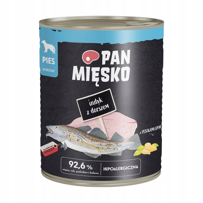 PAN MIĘSKO Indyk Dorsz Karma dla psa mokra puszka 12 x 800g bezzbożowa
