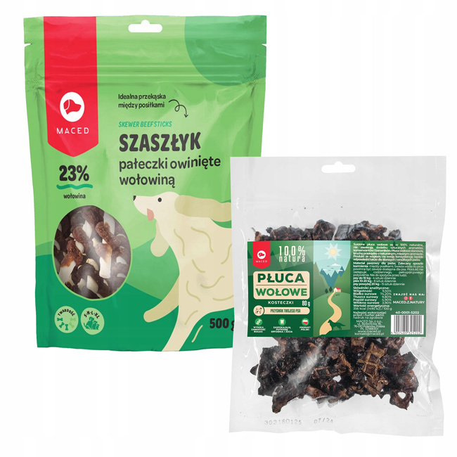 MACED Zestaw przysmaków dla psa Szaszłyki Wołowe 500g + Płuca Wołowe 80g