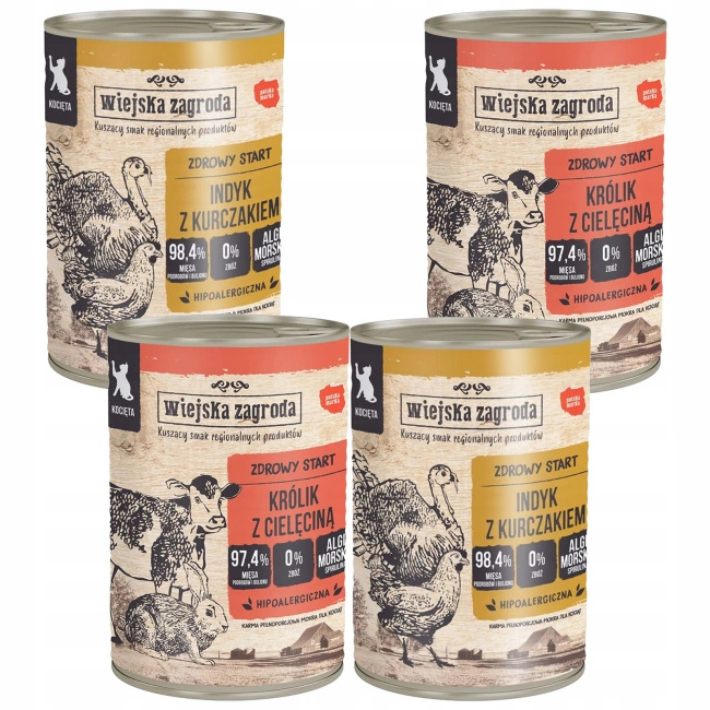 WIEJSKA ZAGRODA Karma mokra dla Kociąt Mix smaków 4 x 400g bezzbozowa