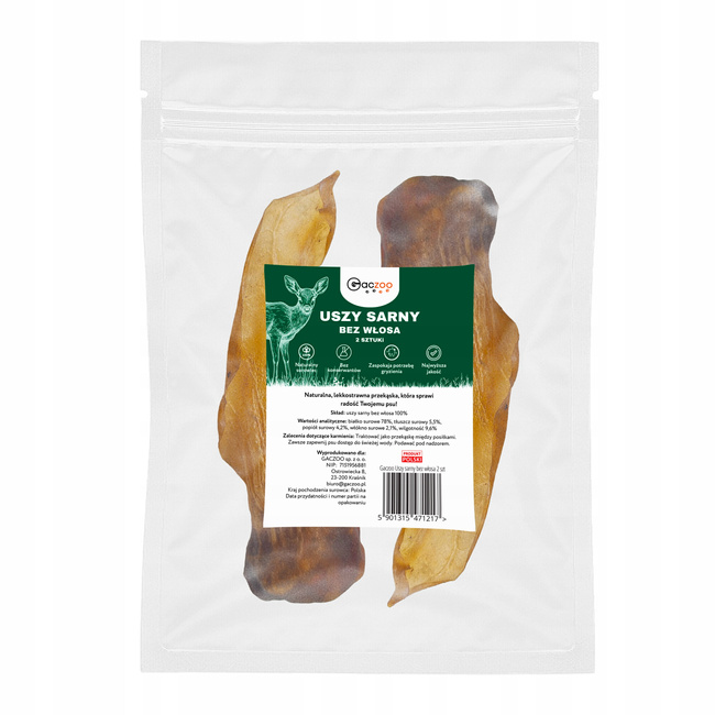 Przysmak dla psa Ucho Sarny bez włosa 2 szt GACZOO naturalny gryzak