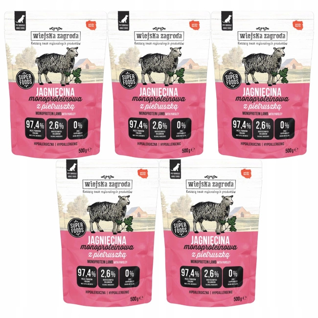 WIEJSKA ZAGRODA Mono mokra karma dla psa Jagnięcina z pietruszką 5 x 500g