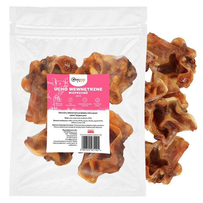 Przysmak dla psa Ucho Wewnętrzne Środkowe Wieprzowe 100g GACZOO naturalny