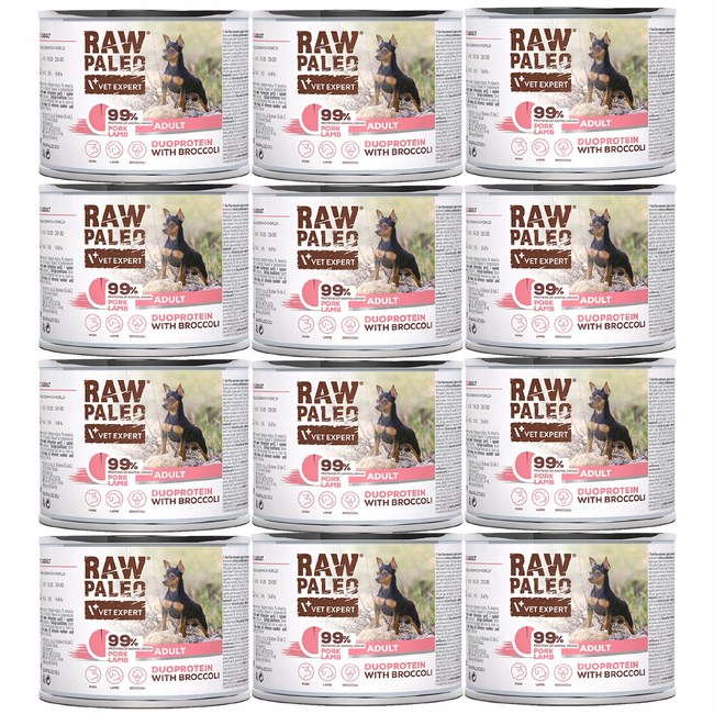 RAW PALEO Duoprotein Wieprzowina Jagnięcina karma dla psa mokra 12 x 200g