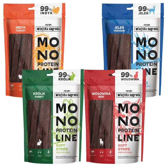 WIEJSKA ZAGRODA MONOPROTEIN paski przysmak smakołyk dla psa mix 4 x 100g