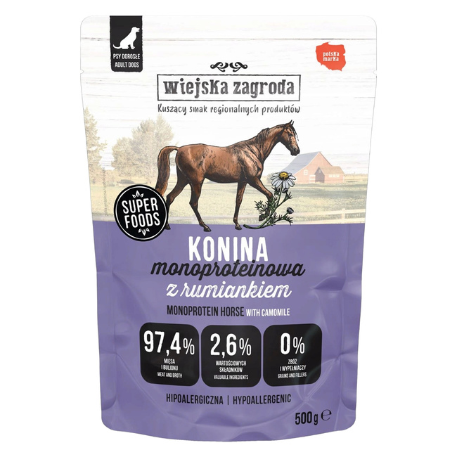 WIEJSKA ZAGRODA Mono mokra karma dla psa Konina z rumiankiem 10 x 500g