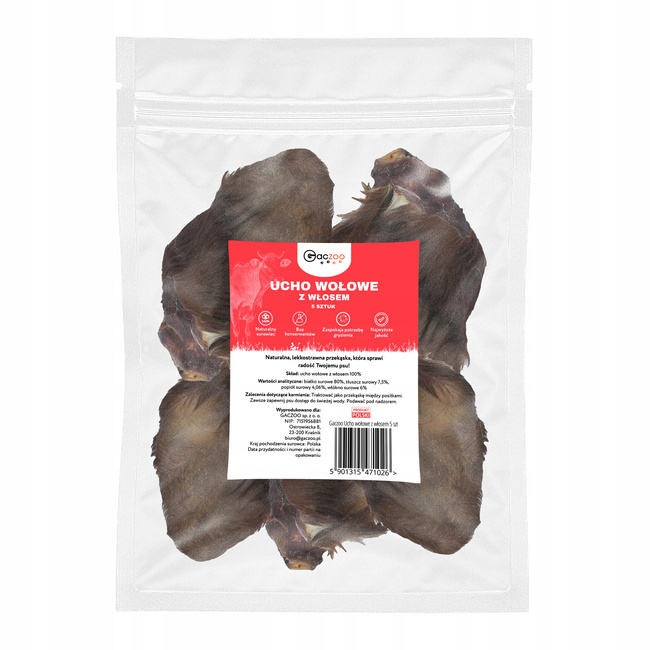 Przysmak dla psa Ucho Wołowe z włosem 5 szt GACZOO naturalny gryzak