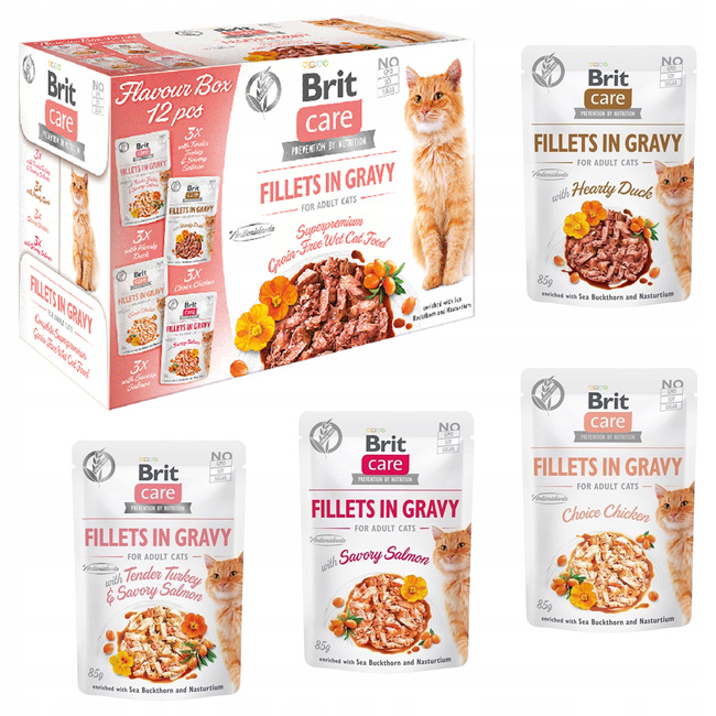 Brit Care Pouch Box Fillets in Gravy 12 x 85g mix mokra karma dla kota