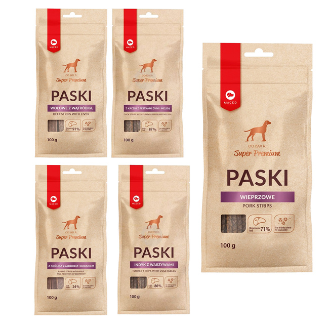 MACED Zestaw przysmaków dla psa zestaw Paski mix smaków 5 x 100g
