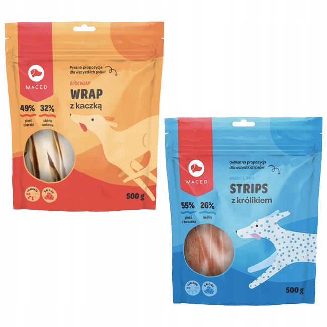 MACED Zestaw przysmaków dla psa Wrap Kaczka 500g + Strips królik 500g