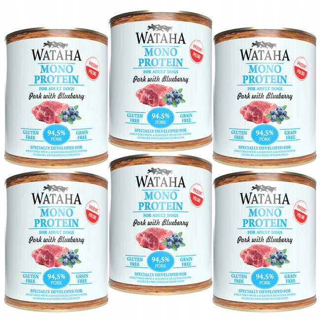 WATAHA Mono Protein Adult karma mokra dla psa Wieprzowina Borówka 6 x 800g