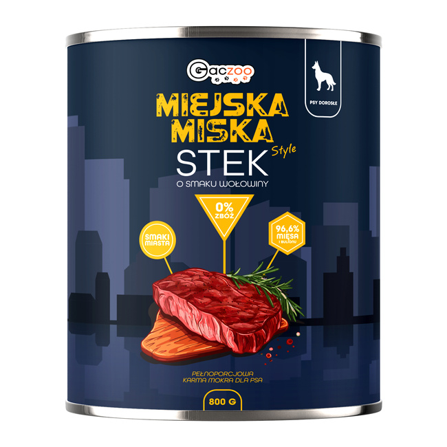 Gaczoo Miejska Miska bezzbożowa karma mokra dla psa Stek Wołowy 800g