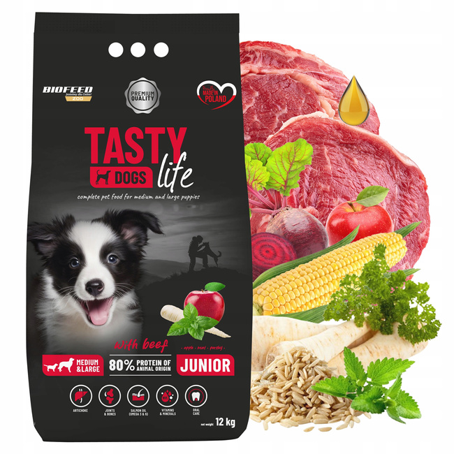 BIOFEED TASTY LIFE JUNIOR Medium Large Wołowina karma dla psa sucha 12 kg