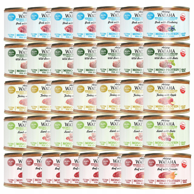 WATAHA Mono Protein Adult karma mokra dla psa mix smaków 36 x 185g