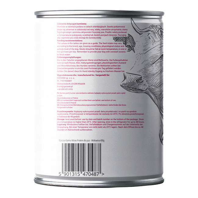 Mokra karma monobiałkowa dla psa Gaczoo MONO PROTEIN Wołowina 6 x 400g