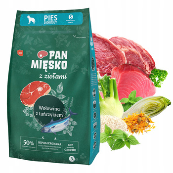Pan Mięsko karma dla psa sucha z ziołami 3 kg Wołowina Tuńczyk S